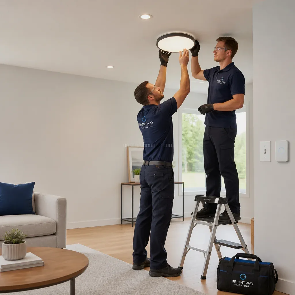 Técnico instalando luminária de teto em ambiente interno
